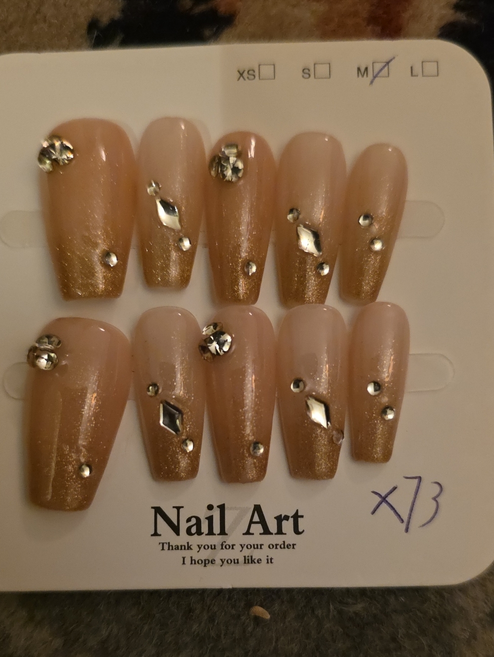 Glam Nude Press-On Nails with Rhinestones - Size Med Set Of 10